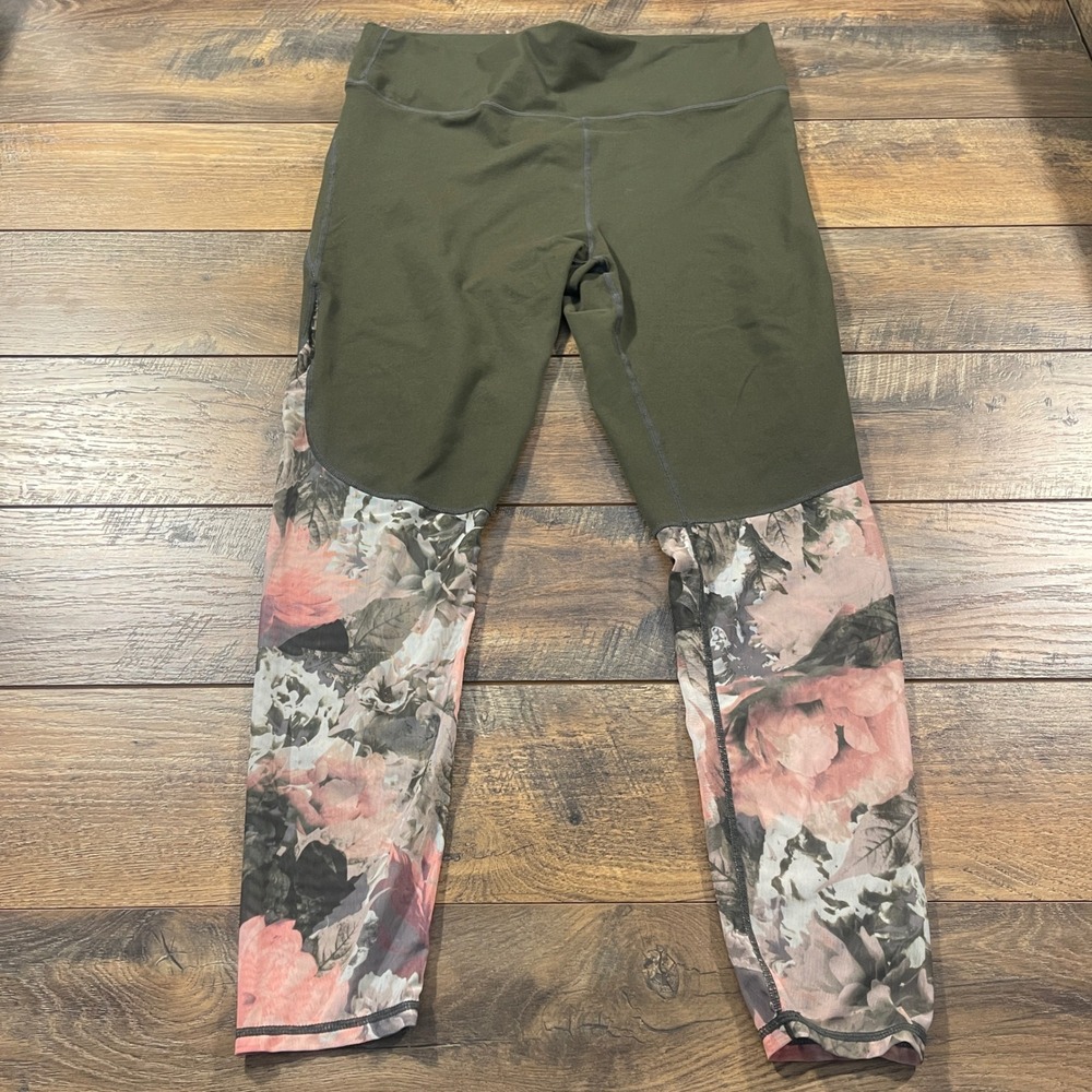 Fabletics Olive Green Floral Colorblock Leggings 2X Activewear Gym Running Yoga